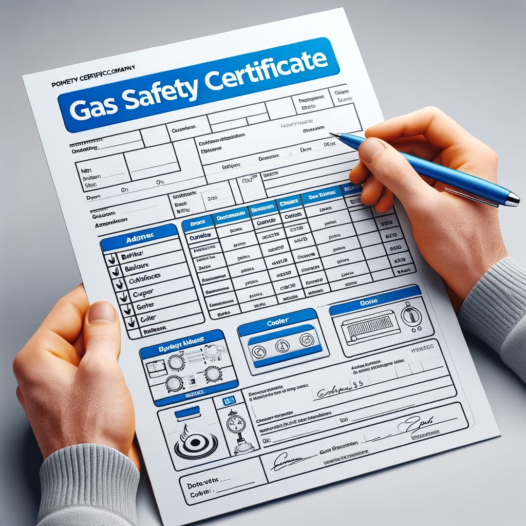 A professional and realistic looking gas safety certificate commonly used in the UK. The certificate features a header stating 'Gas Safety Certificate