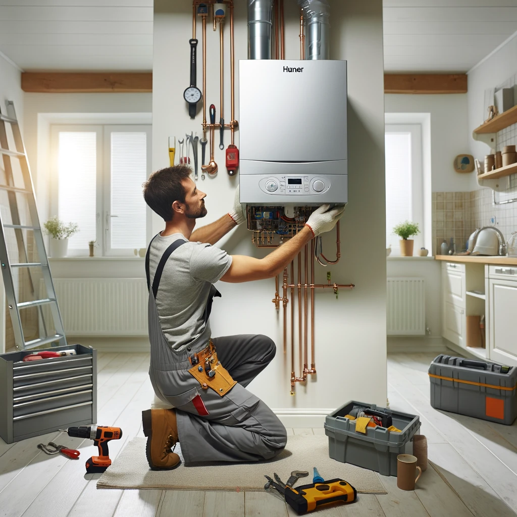 An image showing a professional engineer installing a combi boiler in a home. The scene captures the moment of installation with the engineer in action