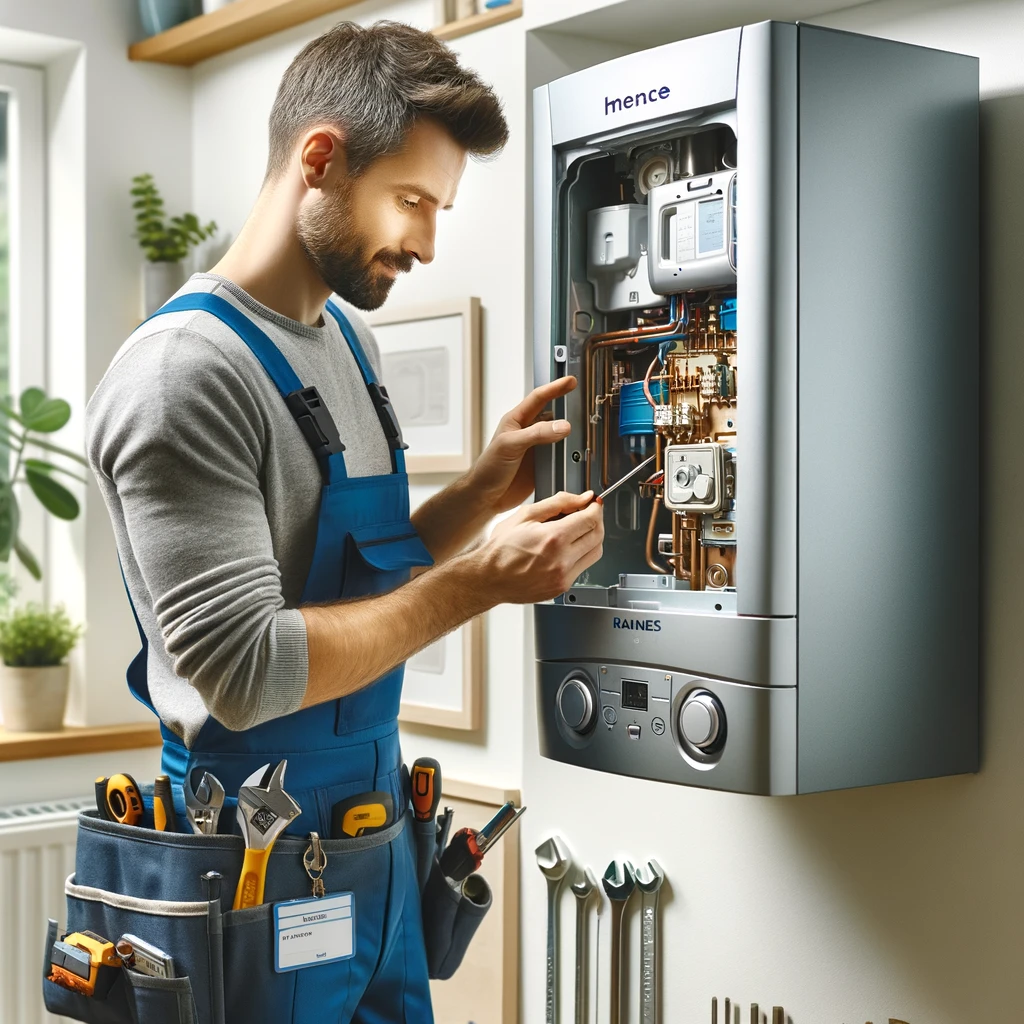 A professional engineer repairing a combi boiler. The scene is set in a modern home. The engineer is wearing a blue uniform with a nametag and a tool 