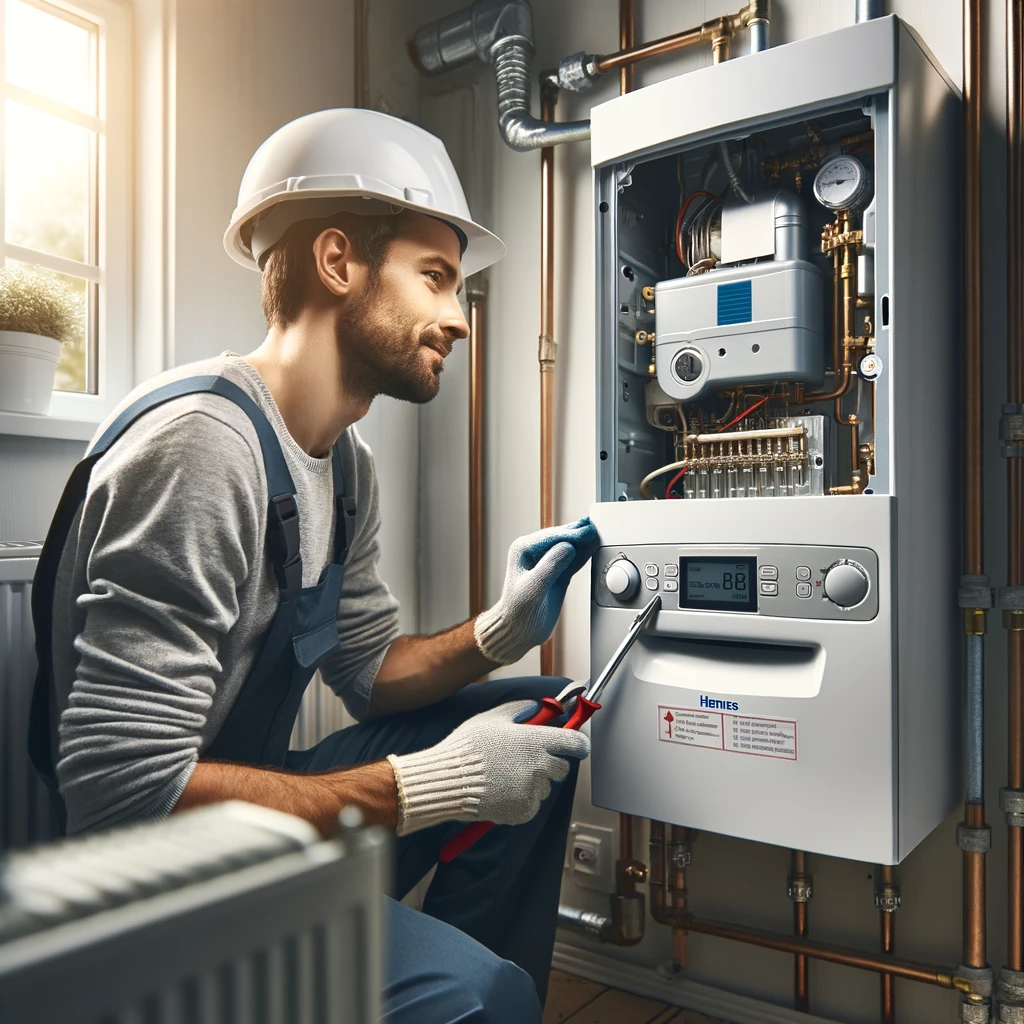 An image depicting a professional engineer servicing a combi boiler. The scene is set in a typical home's boiler room. The engineer is wearing a safety