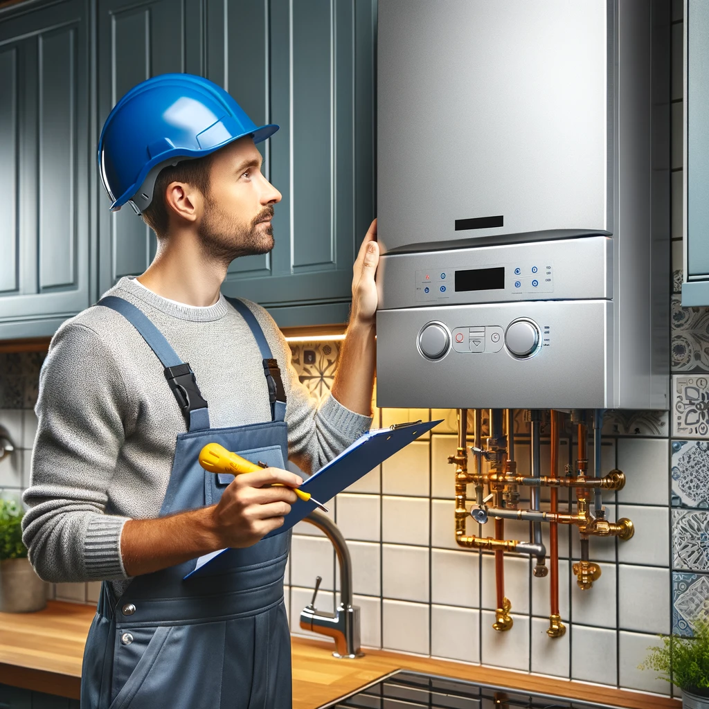 DALL·E 2024-03-20 14.10.29 - An image of a gas engineer, wearing a blue overall with a safety helmet and holding a tool, inspecting a wall-mounted combi boiler in a kitchen.